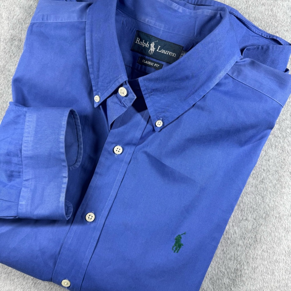 RALPH LAUREN Classic Fit Blue Twill Button Down with Green Embroidered Pony XL